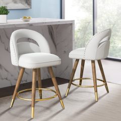 iooHug 360 Swivel Bar Stools Set of 2, 24 Inch Counter Height Bar Chairs with Backs, Velvet Upholstered Kitchen Island Stools, Solid Wood Legs, 300 LBS, White