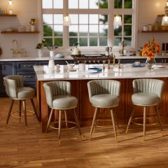 iooHug 24" Swivel Bar Stools Set of 4, PU Leather Counter Height Bar Stools with Wood Legs and Footrest, Upholstered Bar Chairs for Kitchen Island, Dining Room, Grey