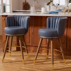 iooHug 24" Swivel Bar Stools Set of 2, PU Leather Counter Height Bar Stools with Wood Legs and Footrest, Upholstered Bar Chairs for Kitchen Island, Dining Room, Blue
