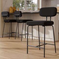 iooHug 26" Fabric Bar Stools with Backs, Set of 3 Counter Height Bar Stools, Wide Seat Kitchen Island Chairs with Metal Legs for Kitchen Island/Dining Room/Bar, Black