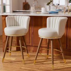 iooHug 24" Swivel Bar Stools Set of 2, PU Leather Counter Height Bar Stools with Wood Legs and Footrest, Upholstered Bar Chairs for Kitchen Island, Dining Room, White