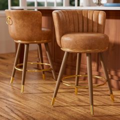iooHug 24" Swivel Bar Stools Set of 2, PU Leather Counter Height Bar Stools with Wood Legs and Footrest, Upholstered Bar Chairs for Kitchen Island, Dining Room, Brown