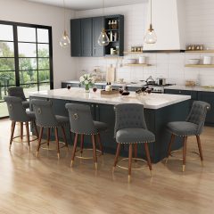 iooHug Set of 4 Swivel Counter Height Bar Stools, 24" Velvet Counter Height Chairs with Wood Legs and Footrest, Upholstered Kitchen Stools, 300LBS Capacity, Gray