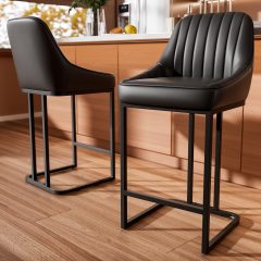 "iooHug Set of 2 Modern Bar Stools with Metal Legs and Footrest, 24” Upholstered Counter Height Chairs, PU Leather Bar Chairs for Kitchen Island, Black"