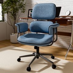 iooHug Blue Ergonomic Office Chair with Memory Foam Seat, Granular Linen Fabric Desk Chair with Wide Armrests, Mid Century Modern Home Office Computer Chair, 400 lbs