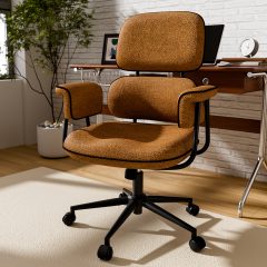 iooHug Brown Ergonomic Office Chair with Memory Foam Seat, Granular Linen Fabric Desk Chair with Wide Armrests, Mid Century Modern Home Office Computer Chair, 400 lbs