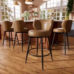 "iooHug PU Leather Counter Height Bar Stools Set of 4, 26"" Swivel Bar Chairs with Backrest, Metal Frame & Soft Cushion for Kitchen Island, Brown