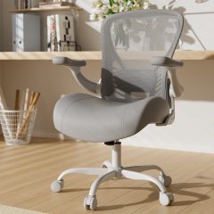 iooHug Ergonomic Home Office Desk Chair with Breathable Mesh Back, Molded PU Leather Seat, Rolling Computer Chair with 3D Flip-Up Arms, Adjustable Lumbar Support, Gray