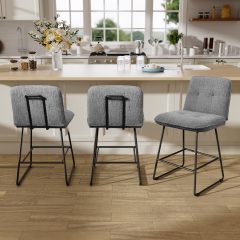 iooHug 26" Velvet Counter Height Bar Stools Set of 3, Modern Upholstered Bar Chairs with Metal Legs and Footrest for Kitchen Island, Dining Room, Home Bar, Gray