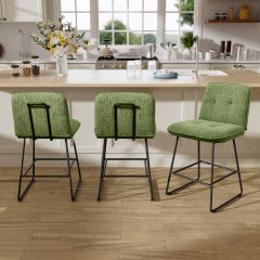 iooHug 26" Velvet Counter Height Bar Stools Set of 3, Modern Upholstered Bar Chairs with Metal Legs and Footrest for Kitchen Island, Dining Room, Home Bar, Green