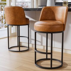 iooHug 26 Inch Swivel Counter Height Bar Stools with Back, Set of 2 PU Leather Bar Chairs with Footrest, Kotchen Counter Stools with Metal Frame, Brown