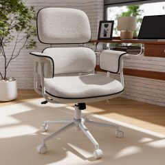 iooHug White Ergonomic Office Chair with Memory Foam Seat, Granular Linen Fabric Desk Chair with Wide Armrests, Mid Century Modern Home Office Computer Chair, 400 lbs