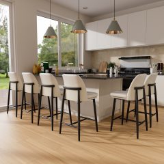 iooHug 26 Inch Counter Height Bar Stool Set of 6, Upholstered Bar Stool with PU Leather and Fabric Back, Metal Frame Kitchen Island Stool, 350 lbs, White