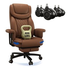 iooHug Big and Tall PU Leather Office Chair with Footrest, High Back Executive Computer Desk Chair, 165° Reclining Boss Chair with Silicone Wheels, Heavy Duty 400 lbs, Brown
