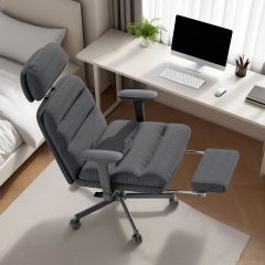 iooHug Cross Legged Office Chair with Footrest & 4D Flip-up Armrests, Criss Cross Home Desk Chair, Ergonomic Recliner with Lumbar Pillow, Corduroy Executive Chair with Adjustable Headrest, Black