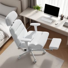 iooHug Cross Legged Office Chair with Footrest & 4D Flip-up Armrests, Criss Cross Home Desk Chair, Ergonomic Recliner with Lumbar Pillow, Corduroy Executive Chair with Adjustable Headrest, White