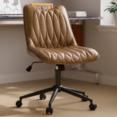 "iooHug Small PU Leather Office Chair, Armless Desk Chair with Wheels, Height Adjustable Task Chair, Swivel Rolling Vanity Chair, Space Saving Computer Chair for Home Office & Study, Brown