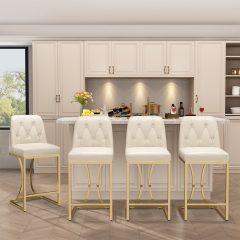 iooHug Set of 4 White Bar Stools, 24"" Counter Height Bar Stools, PU Leather Kitchen Island Stools with Back and Gold Footrest, Modern Bar Chairs for Dining Room or Home Bar